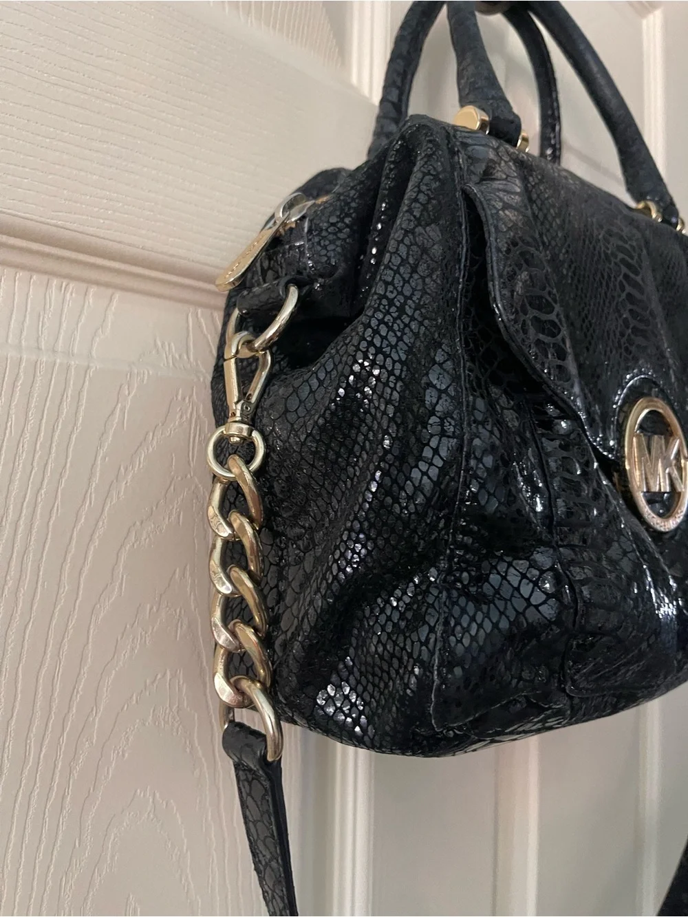 Michael Kors Black Python Embossed Satchel with Gold Hardware